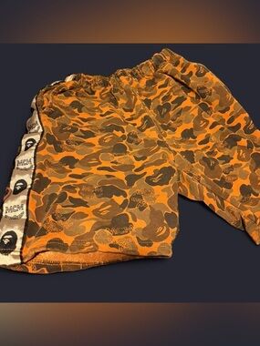 MCM Orange and Brown Camo Athletic Shorts with Logo Tape
